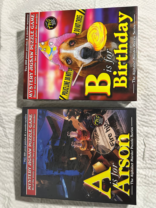 Alphabet Murder Mystery Puzzles. 2 pcs. New. A is for Arson. B is for Birthday. Ages 12-adult. Puzzle