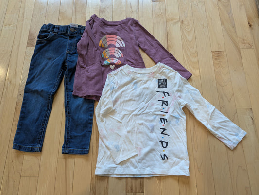 Okie Dokie/Granimals/Old Navy Two Shirts and Jeans Snap Front Jeans, Friends Long Sleeve, Purple Rainbow Long Sleeve 3T