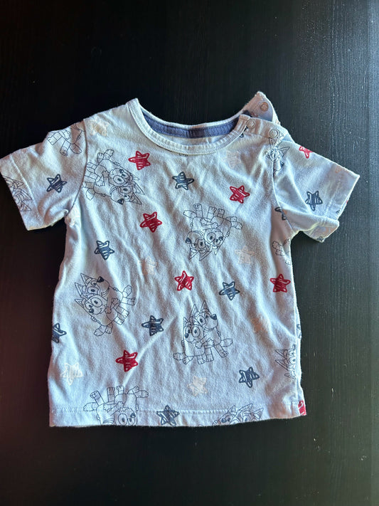 Bluey 12m All-Over Print T-Shirt short-sleeve, red, white, and blue star accents, shoulder snaps 12 Months