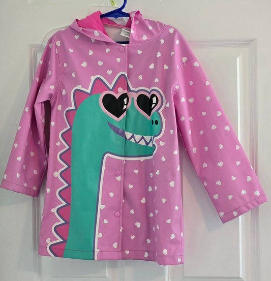 Addie & Tate Girls' Size 4/5 Lightweight Pink Dino Rain Jacket with Dino Hood 4T/4