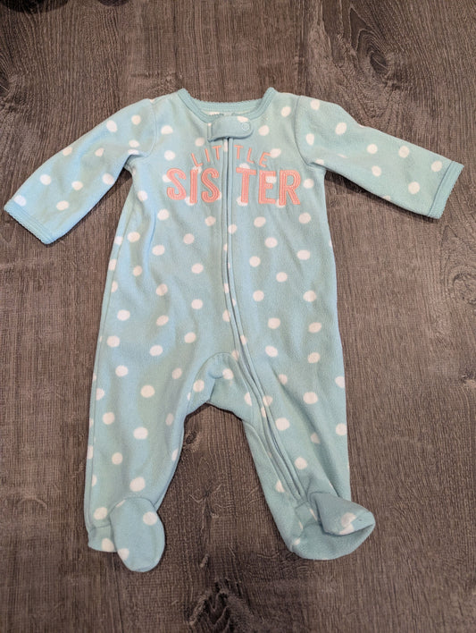 Carter's Little Sister Fleece Footed PJs Light Green with white polka dots, pink letters 3 Months