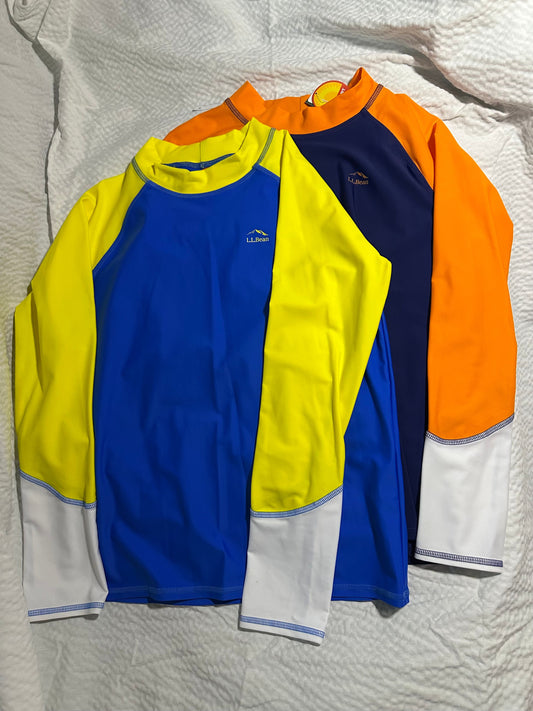 LL Bean. Size 14-16. 2 pcs NEW Sun and Surf shirts UPF 50+ Blue yellow white and navy orange white 14