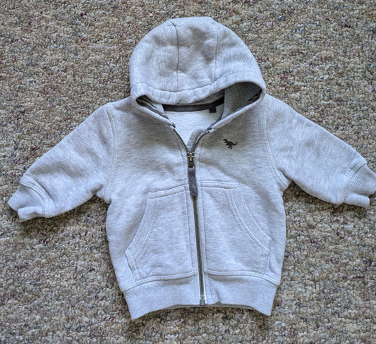 Next: 3-6 months Grey zip up hoodie with t rex symbol 3 Months