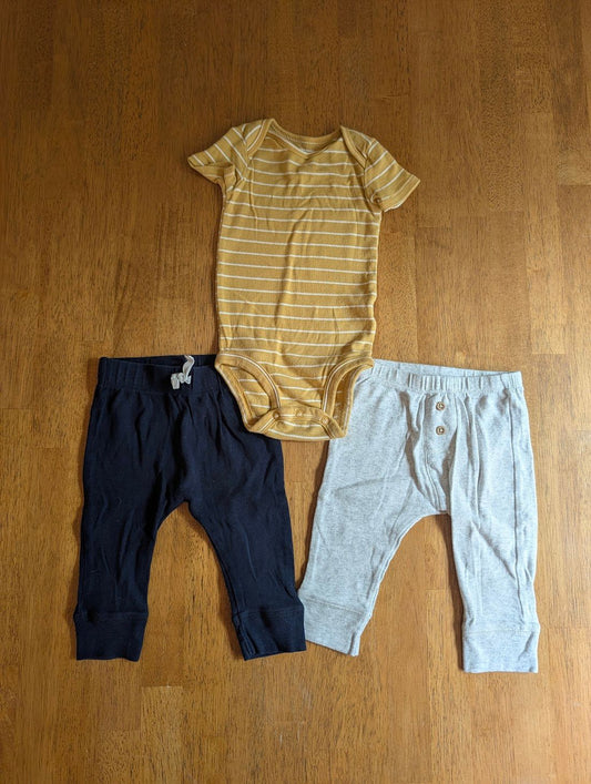 Carter's, 3-6m, yellow striped t shirt onesie 2 pants - navy and gray with buttons 3 Months