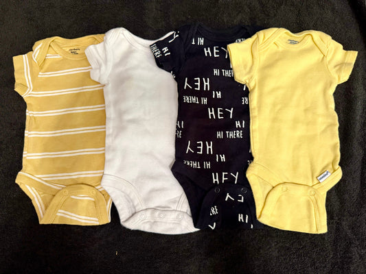 4 pack of onesie, newborn black, yellow, and white 4 pack of onesie, newborn black, yellow, and white Newborn