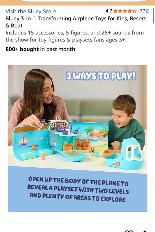 Bluey 3 in 1 transforming Airplane Brand new in box 15 accessories, 5 figures Playsets