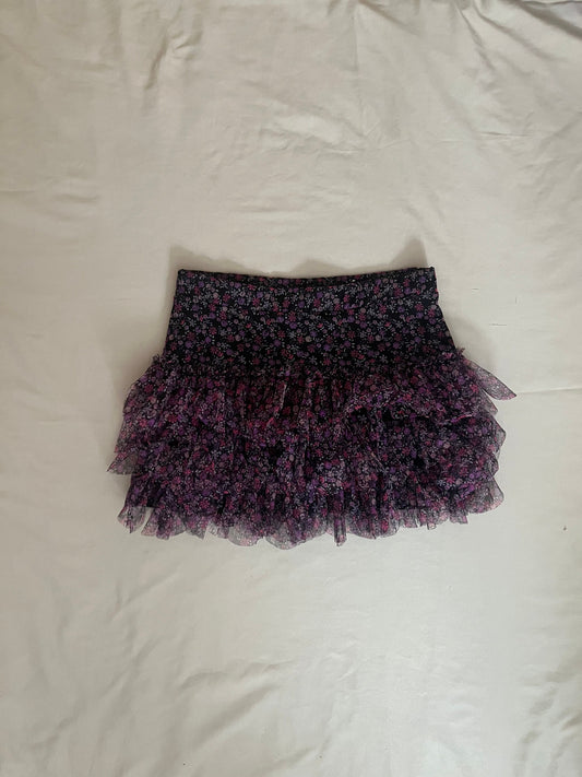 Justice girls' size 12 skorts, layered ruffles purple/pink/lavender flowers on black bckgrnd., elastic waist 12