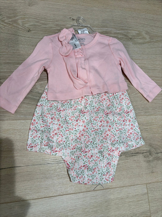 Carters 3-6 Month Dress with Cardigan and Bow Pink and Green Floral Pattern, NWT 3 Months