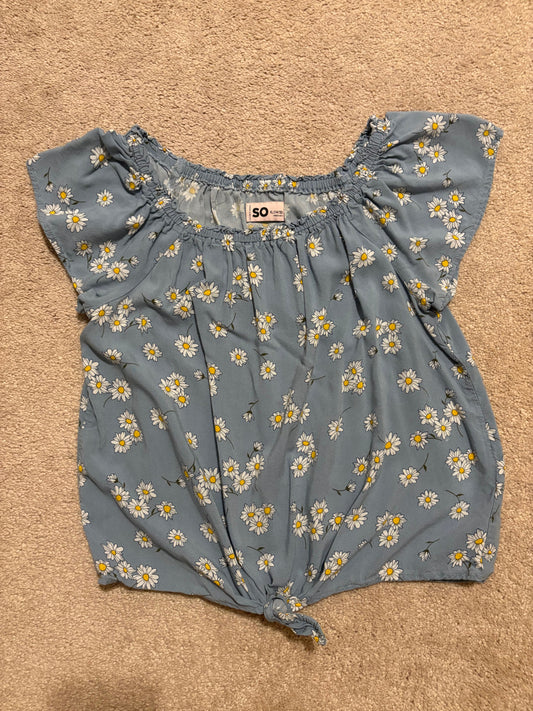 SO, XL, girls floral crop top with daisy print short sleeves and tied front detail, blue 14
