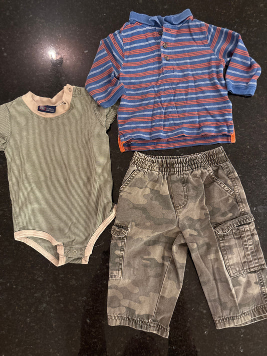 Faded Glory Boys body suit, long sleeve polo and camo jeans size 12m 12 Months
