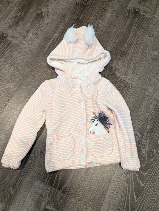 Little Ones by F&F Pink + White Sweater w/ Unicorn Pink and White Striped, Hooded, Unicorn in Pocket 24 Months