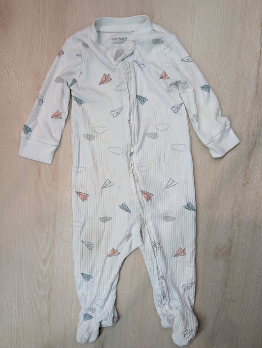 Carter's long sleeve pajamas, 6m White rib knit fabric with paper planes, 2-way zipper 6 Months