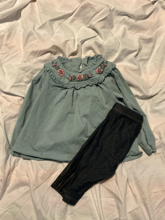 Childrens place Blue floaty, top of flowers, jean leggings 12 Months