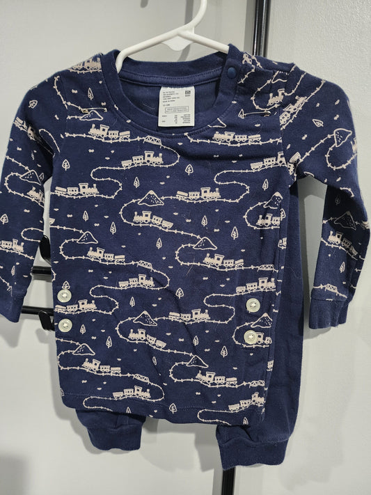 Uni Qlo 12-18m Sleep Set Navy Blue w. Trains Long sleeve & Pants 12 Months