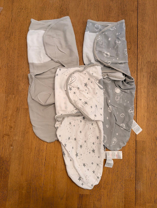 Gllquen Baby, 0-3m, 3 pc 0.5 TOG velcro swaddles gray, gray outerspace, white stars Newborn
