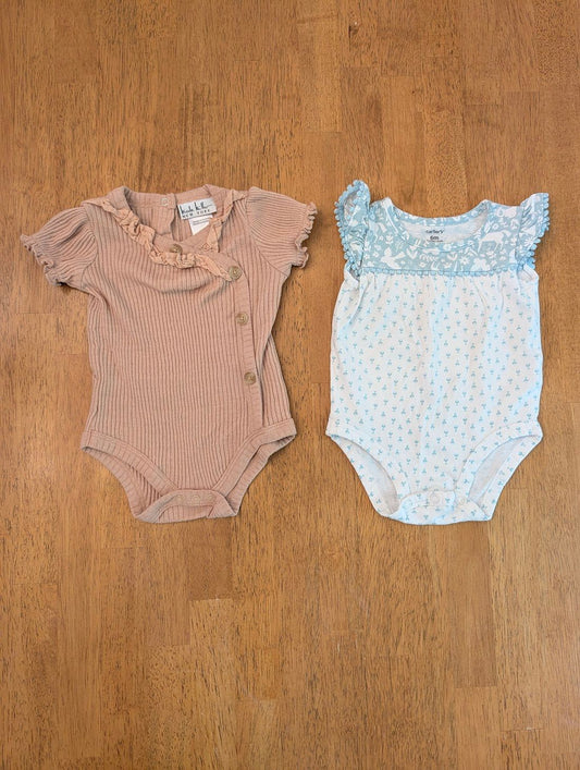 Nicole Miller brown 3-6, Carter's blue/white 6m brown ruffle t shirt onesie, blue/white forest floral tank onesie 6 Months