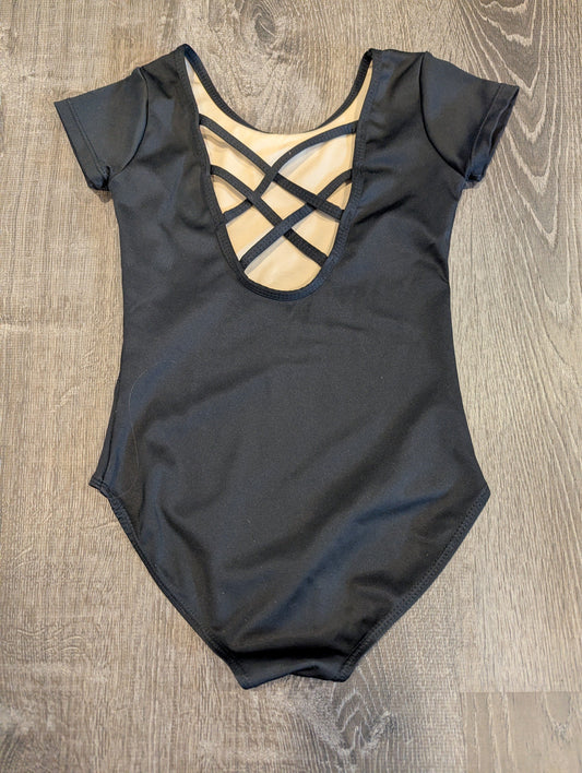 Black Short Sleeve Dance Leotard, Crisscross Back Front is plain black, size 130, fits like a 4T 4T/4