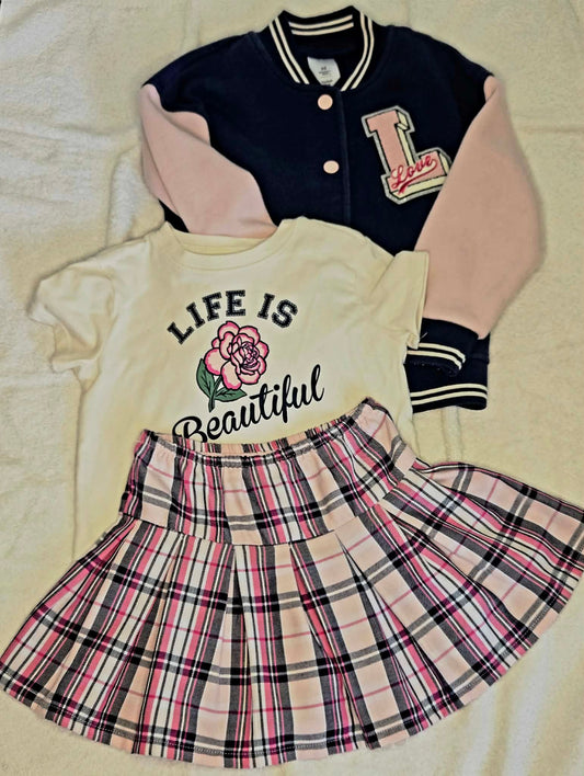 Member's Mark Girls' 3 Piece Outfit: Varsity Jacket/Skort/T-Shirt Size 4/5 4T/4