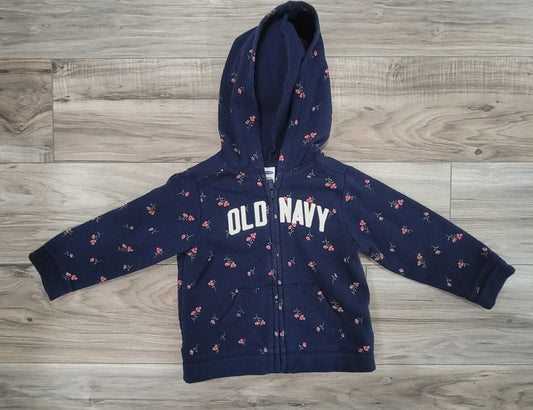 Old Navy 18-24 month girls navy blue zip up hooded jacket with flowers 18 Months