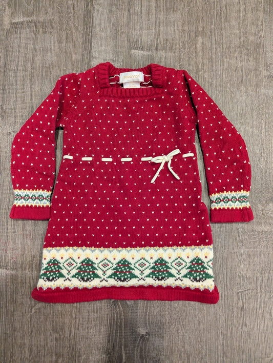 Savannah Red Christmas Knit Dress w/ White Tie Heart polka dots, Christmas tree and wreath design 18 Months