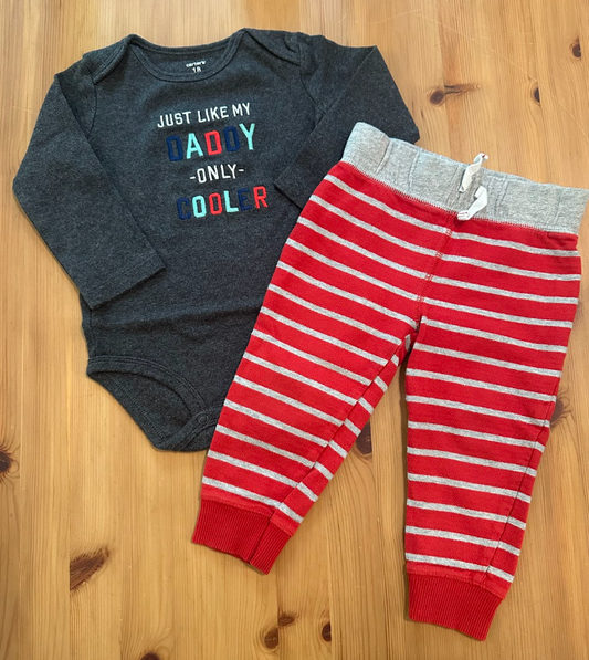2pc Carters 18m "Just Like My Daddy Only Cooler" Dk Gray LS Onesie, Red/Lt Gray Striped Pants 18 Months