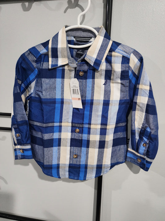 NEW - Nautica, 2T Dress Shirt Blue, White, Tan Plaid Button Up 2T