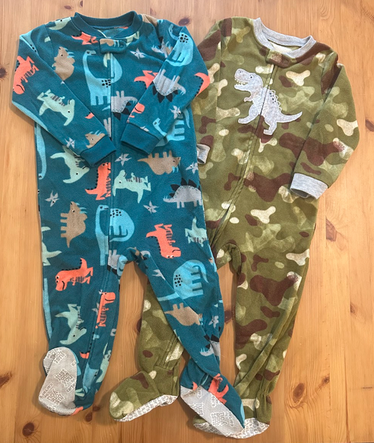 2pc Carters/Just One You 2T Fleece Footed Sleepers PJs Pajamas, Zip-up, Dinosaurs, Teal, Green Camouflage 2T