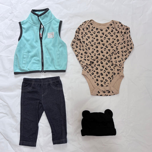 Carters fleece vest and leggings 3months black hat and Old Navy onesie 3-6 months 6 Months