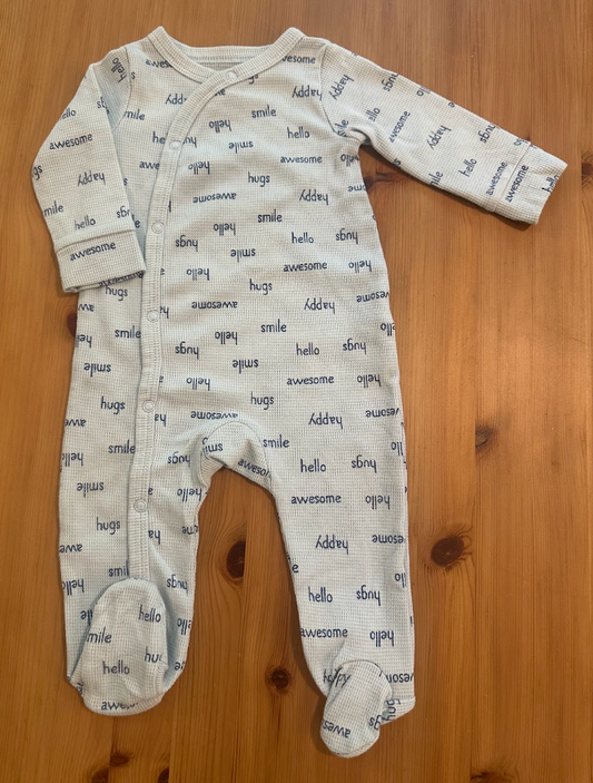 Just One You by Carters 9m Thermal One-Piece Snaps Light Blue w/ Blue Happy Words Print, Off-Centered Snaps 9 Months