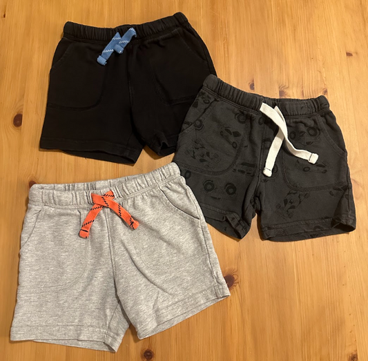 3pc Carters Heavy Cotton Shorts w/ Drawstrings Lt Gray w/ Orange, Black w/ Blue, Dk Gray Monster Trucks/Racecars 24 Months