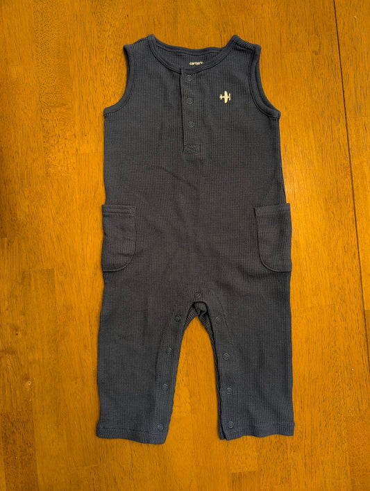 Carter's, 9m, navy blue tank top romper waffle knit, plane logo, button crotch, side pockets 9 Months