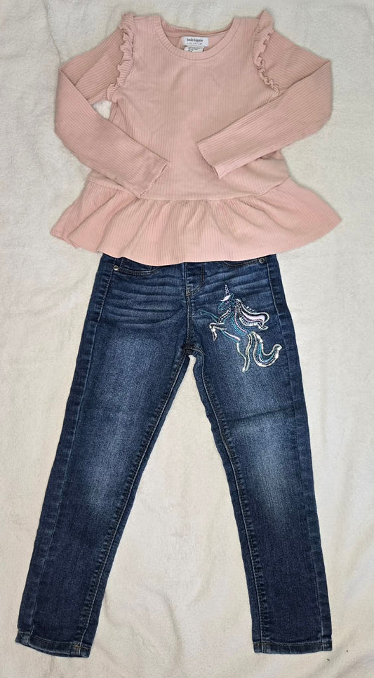 Haute Hippie and Sonoma Pink Long Sleeve Ruffle T shirt with Unicorn Jeans Girls size 6 6