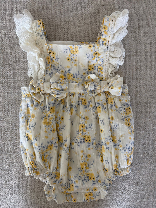 Happily Grey 6-9 Month Romper Yellow and Blue Flowers, Ruffles on Sleeves 6 Months