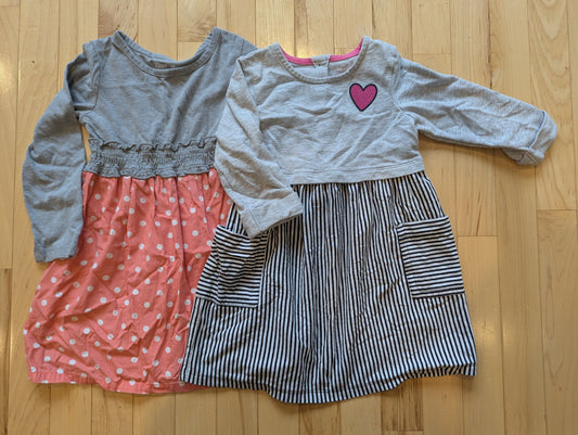 Healthtex 2 Long Sleeve Dresses Grey w/ Pink Polka Dot, Grey Heart with Stripes 3T