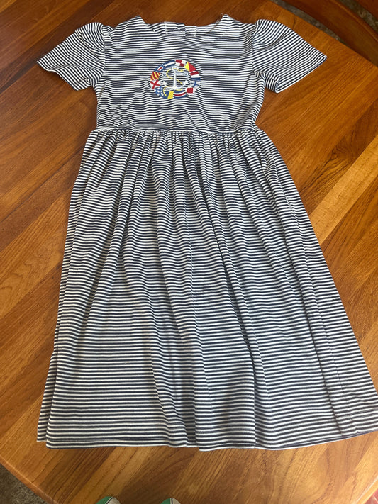 FAST FRIENDS size 10 Navy and white stripe knit dress with nautical appliqué 10