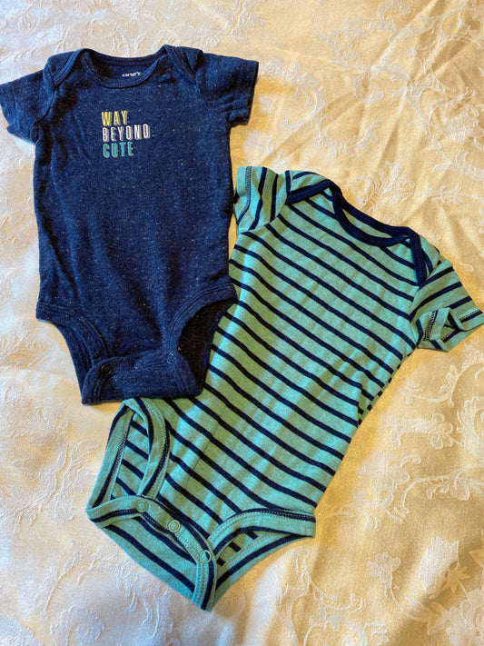 Carters, 3m WayBeyond Cute, dark blue, and blue green striped onesies, set 3 Months