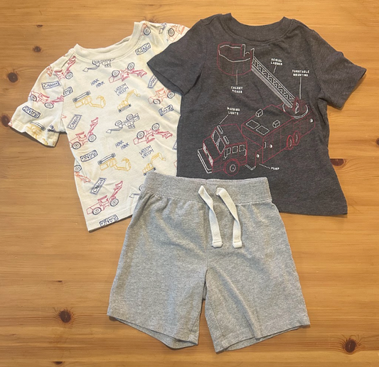 3pc 2T Old Navy 2 Tees T-Shirts, 1 Pair Gray Short White w/ Construction Trucks, Dk Gray Fire Truck Engine Diagram 2T