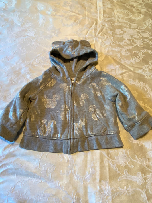 Gap - Disney 12m - 18m, gray zip sweater, silver shiny Mickey Mouse design, mouse ears on hood, collectible 12 Months