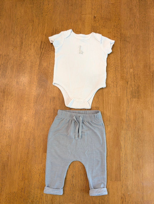 Little Me shirt 6m, Old Navy pants 3-6m, white t shirt onesie - giraffe, gray lightweight cuffed pants 3 Months