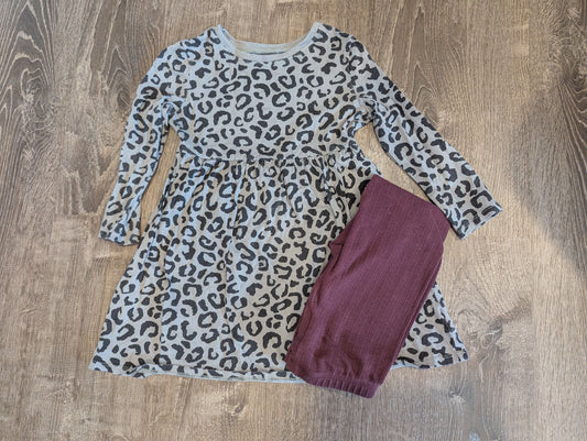 Old Navy Leopard Dress and Leggings Grey Leopard Long Sleeve Dress and Maroon Leggings 4T/4
