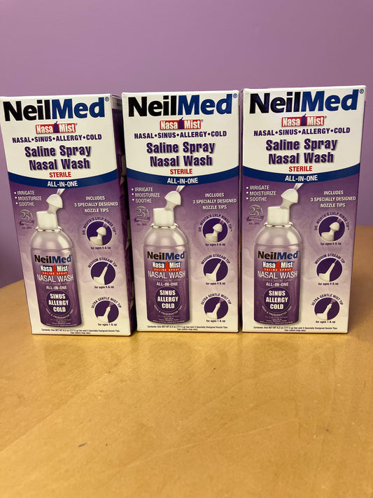 NeilMed- 3 unopened saline spray nasal wash, All in one sinus allergy cold treatment relief