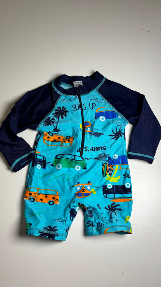 Boys 6 month swimsuit blue suit with long sleev Blue with beach vehicles 6 Months