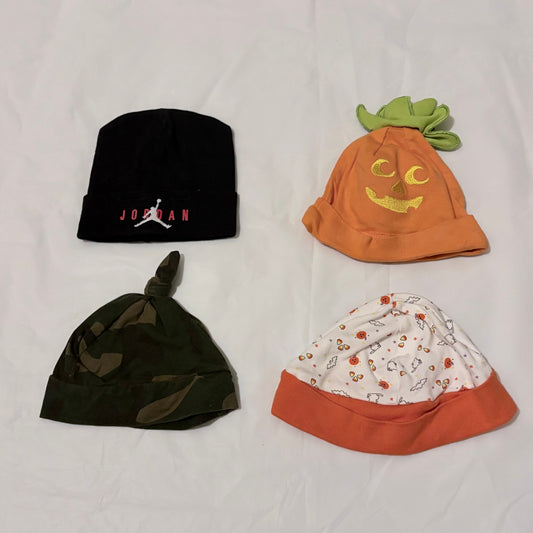 4 infant hats Camo, Jordan, Pumpkin and Halloween Hat
