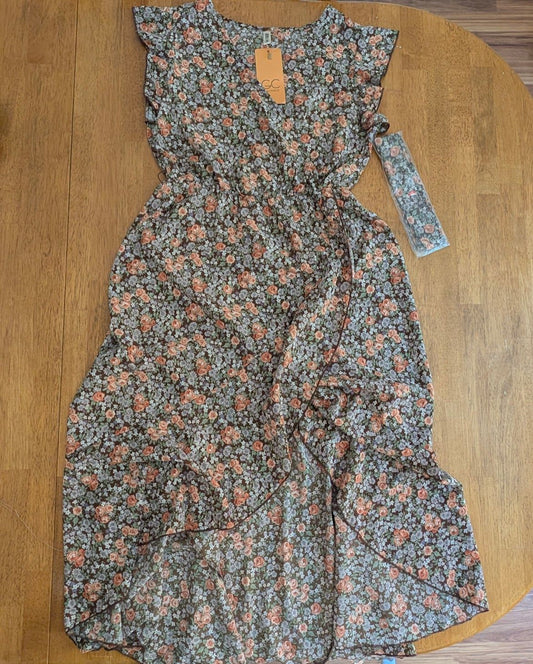 Grecerelle, small, high-low dress brown/pink floral, lightweight, comes with tie, NWT Women's - S