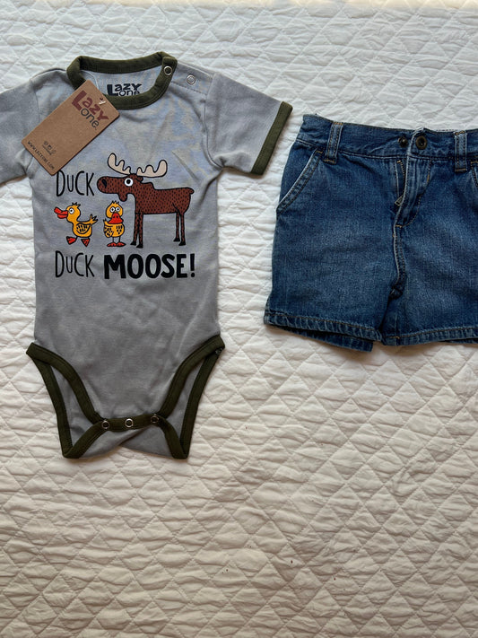Lazy one & Cherokee Duck Duck Moose onesie with jean shorts, NWT 12 Months
