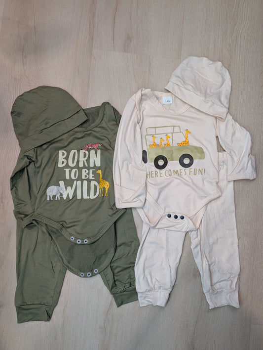Green and Beige safari themed outfits, NWOT, 3-6m Long sleeve and pant Safari themed outfits with hats 3 Months