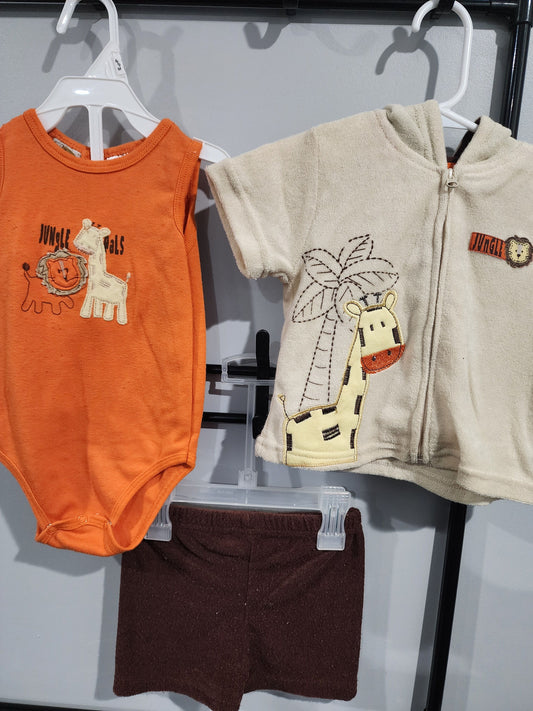 Baby Grand, 6-9m 3pc Summer Set Jungle Animals: Brown Shorts, Orange Onesie, Tan Zip Up 6 Months