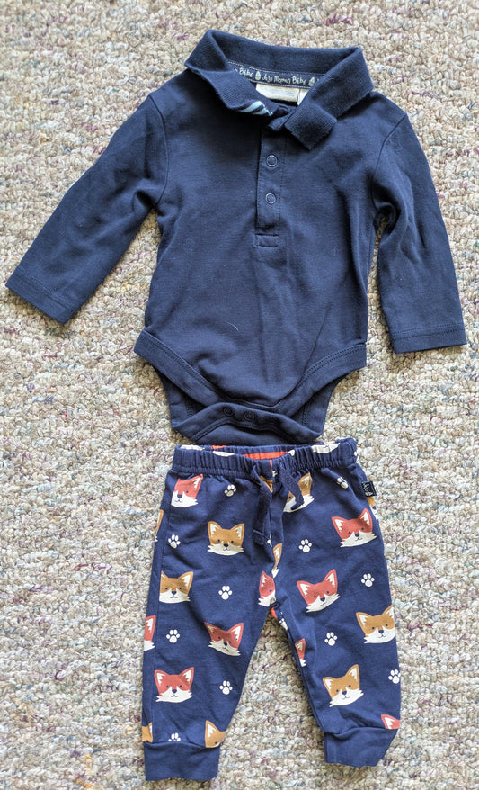 Jojo maman bebe: 0-3 months Navy blue long sleeved onesie with fox pants Newborn