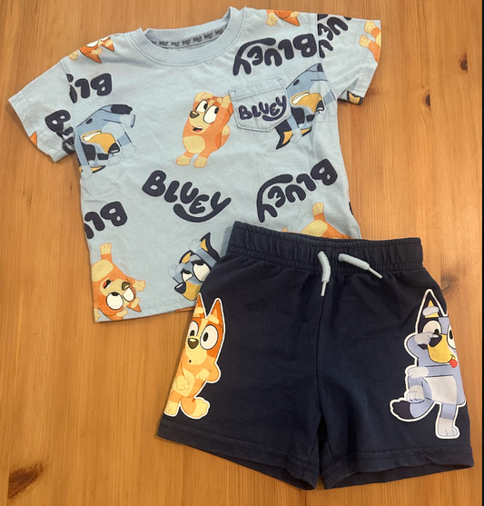 2pc 18m Bluey Summer Outfit: Tee T-Shirt & Shorts Lt Blue Top w/ Bluey/Bingo Print, Navy Shorts w/ Bingo/Bluey 18 Months