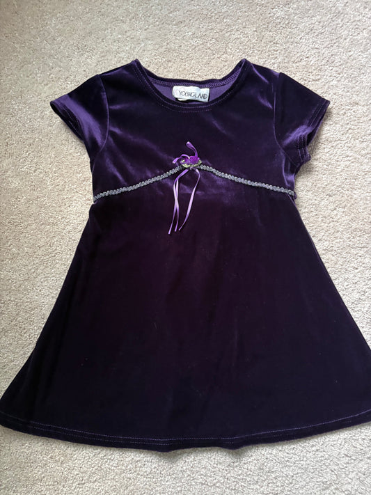 Youngland, 5, girls purple velvet dress with silver empire waistband ribbon bow embellishment 5T/5